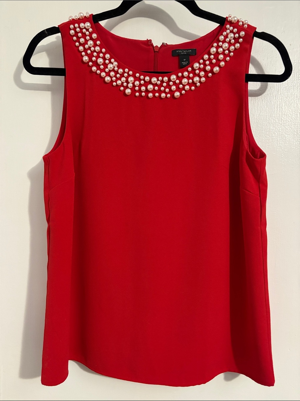 Ann Taylor Petite Red Pearl-Embellished Sleeveless Shell